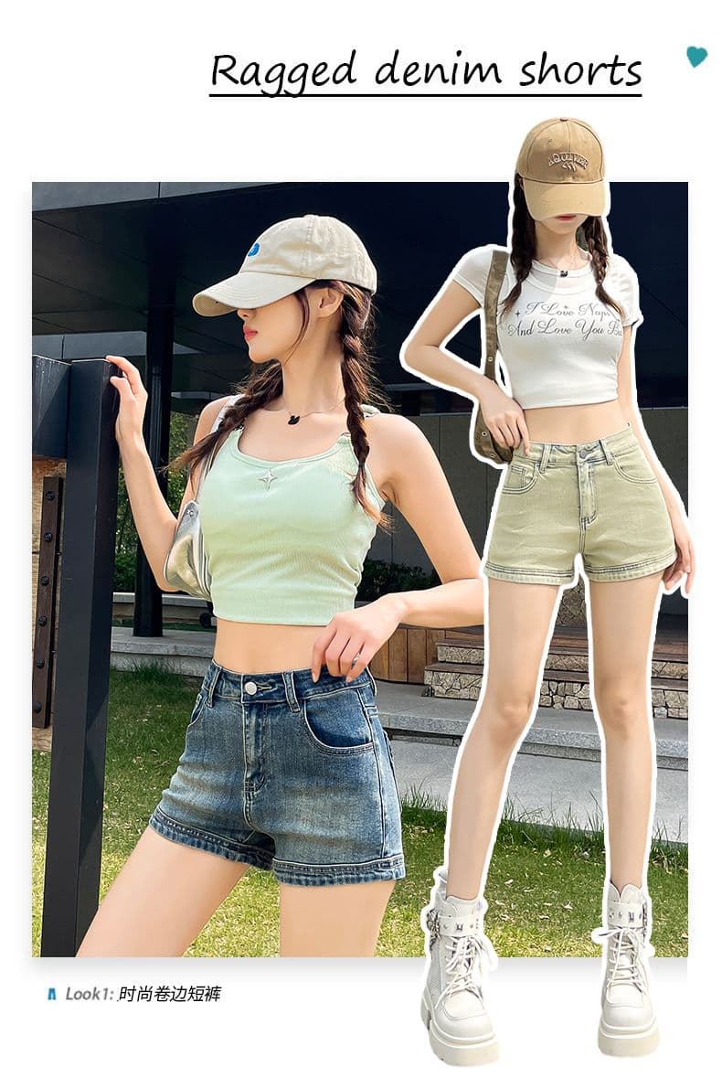 실사 레트로 데님 반바지 여성 새로운 하이웨이스트 신축성 타이트 한 마디 디스플레이 다리 길이 핫걸 초단 핫 바지 상세 이미지 1