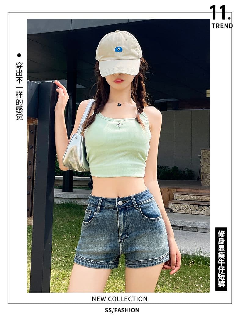 실사 레트로 데님 반바지 여성 새로운 하이웨이스트 신축성 타이트 한 마디 디스플레이 다리 길이 핫걸 초단 핫 바지 상세 이미지 5