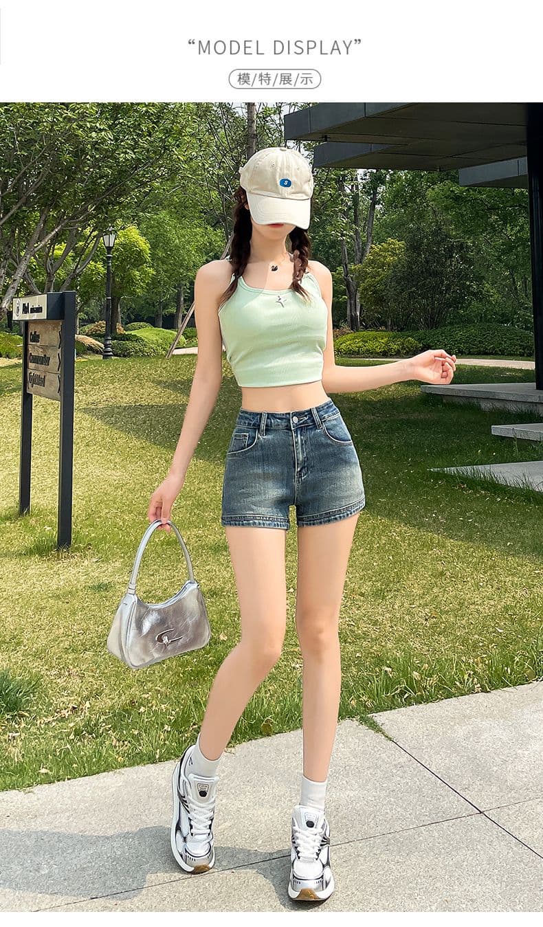 실사 레트로 데님 반바지 여성 새로운 하이웨이스트 신축성 타이트 한 마디 디스플레이 다리 길이 핫걸 초단 핫 바지 상세 이미지 10