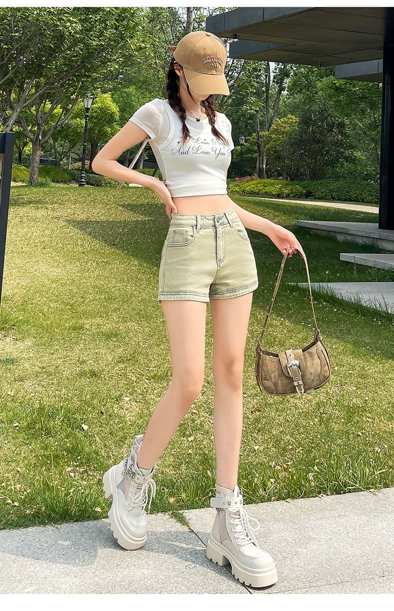 실사 레트로 데님 반바지 여성 새로운 하이웨이스트 신축성 타이트 한 마디 디스플레이 다리 길이 핫걸 초단 핫 바지 상세 이미지 17