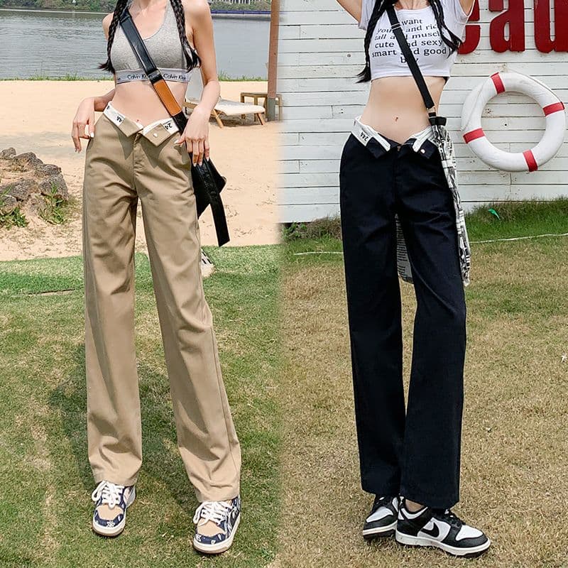 2026& 높음 거리 핫걸 알파벳 뒤집다 허리 도루 센스 캐주얼 스트레이트 워크웨어 팬츠 여성 긴 바지 길이 연장