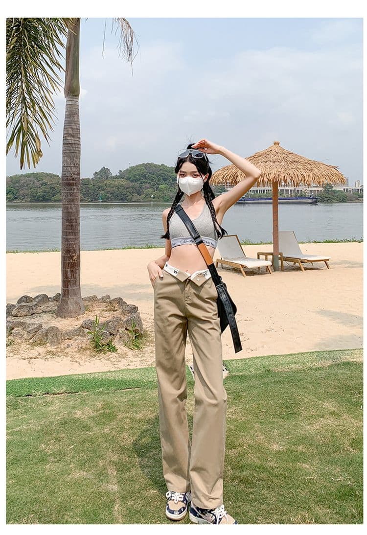 2026& 높음 거리 핫걸 알파벳 뒤집다 허리 도루 센스 캐주얼 스트레이트 워크웨어 팬츠 여성 긴 바지 길이 연장 상세 이미지 9