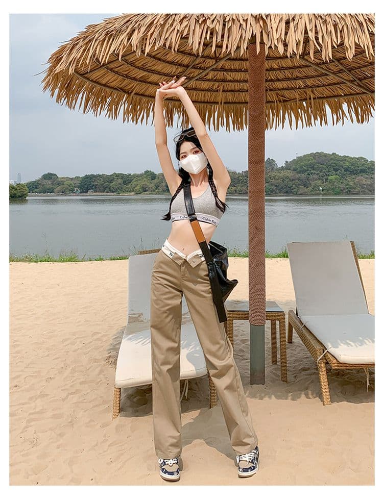 2026& 높음 거리 핫걸 알파벳 뒤집다 허리 도루 센스 캐주얼 스트레이트 워크웨어 팬츠 여성 긴 바지 길이 연장 상세 이미지 14