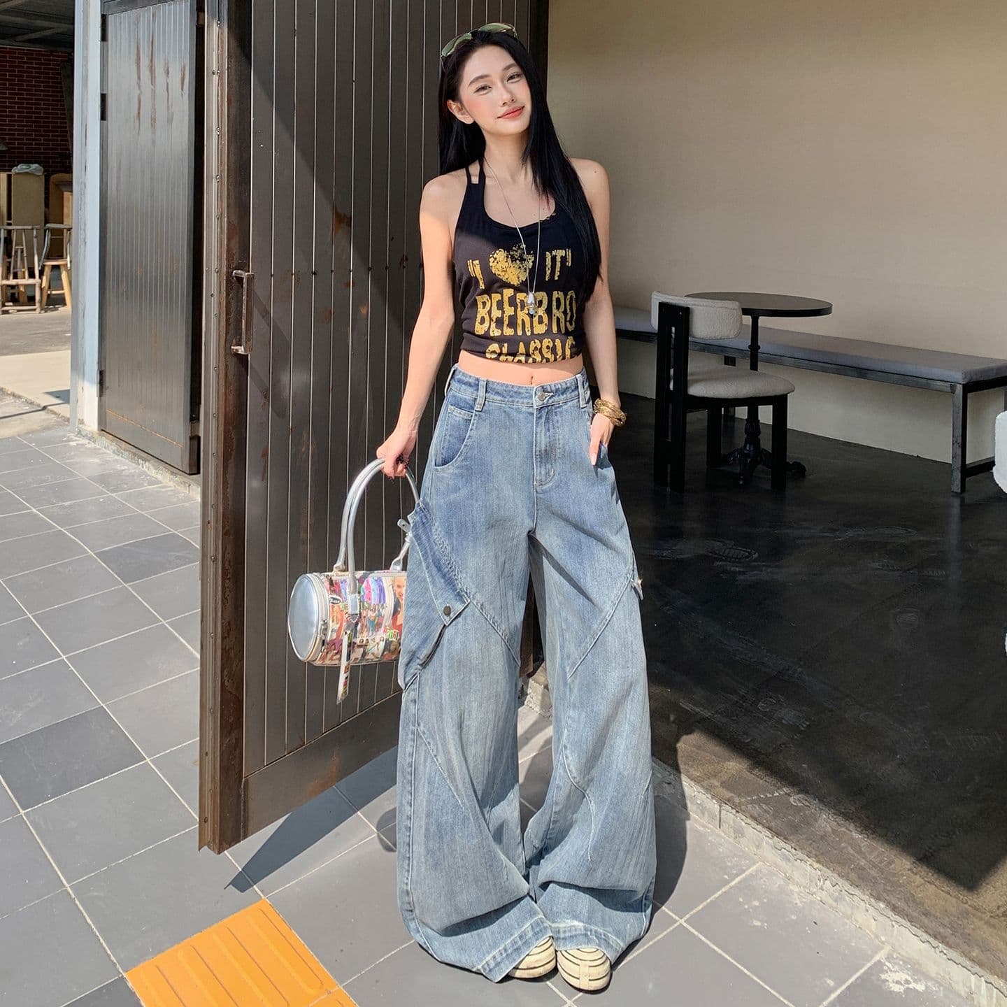 아메리칸 레트로 해체 기타 주머니 디자인 루즈핏 넓은 다리 청바지 여성 이미지 2