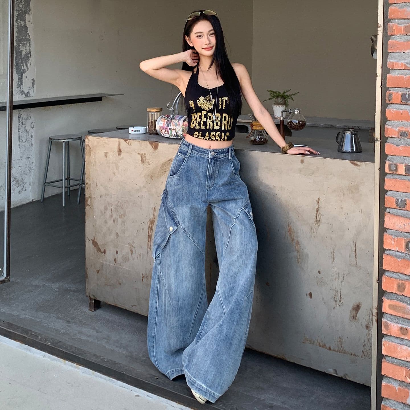 아메리칸 레트로 해체 기타 주머니 디자인 루즈핏 넓은 다리 청바지 여성 이미지 4