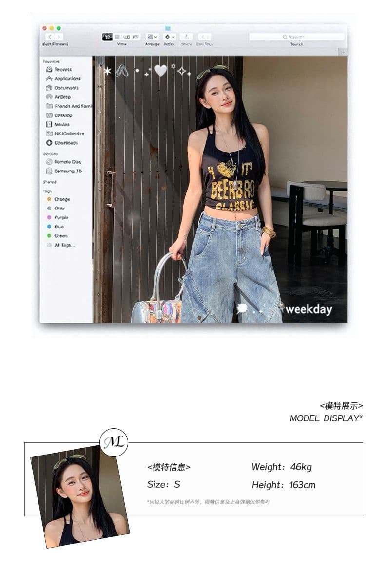 아메리칸 레트로 해체 기타 주머니 디자인 루즈핏 넓은 다리 청바지 여성 상세 이미지 6