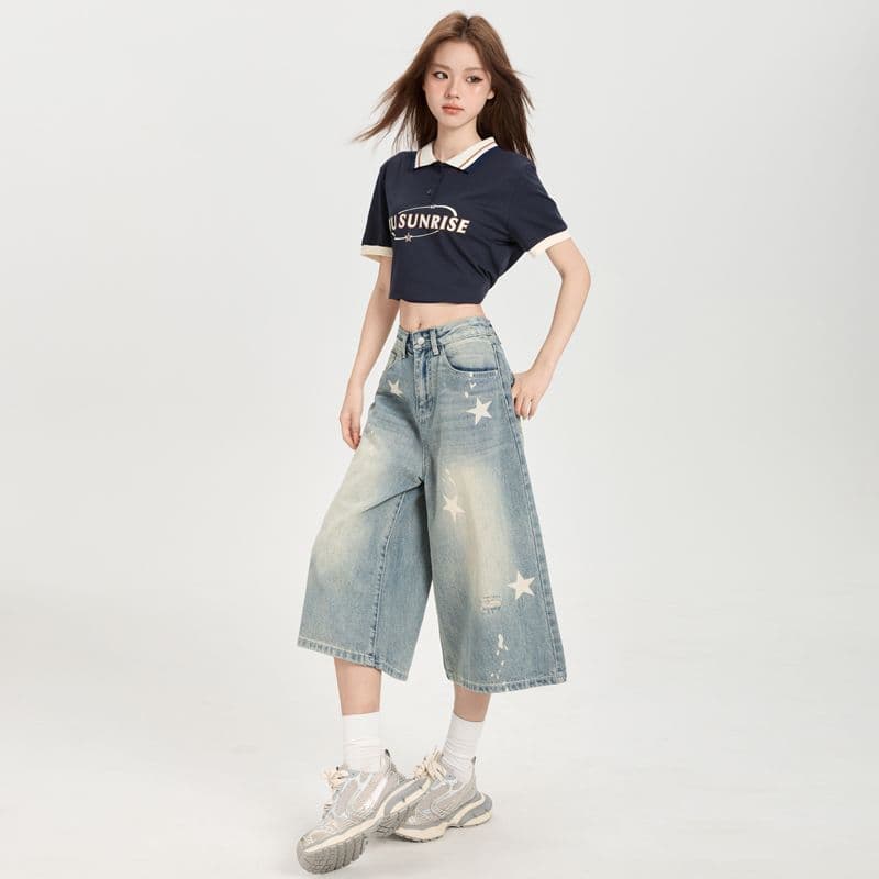 데님 반바지 여성 여름 새로운 아메리칸 레트로 마 오래된 별 프린트 루즈핏 슈퍼 화재 7부 바지 이미지 4