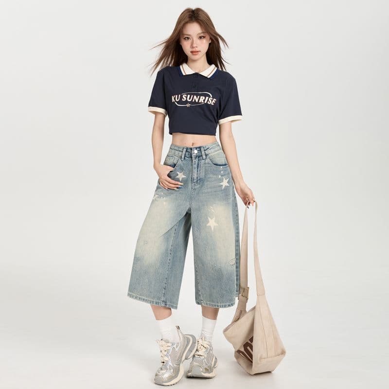 데님 반바지 여성 여름 새로운 아메리칸 레트로 마 오래된 별 프린트 루즈핏 슈퍼 화재 7부 바지 이미지 5