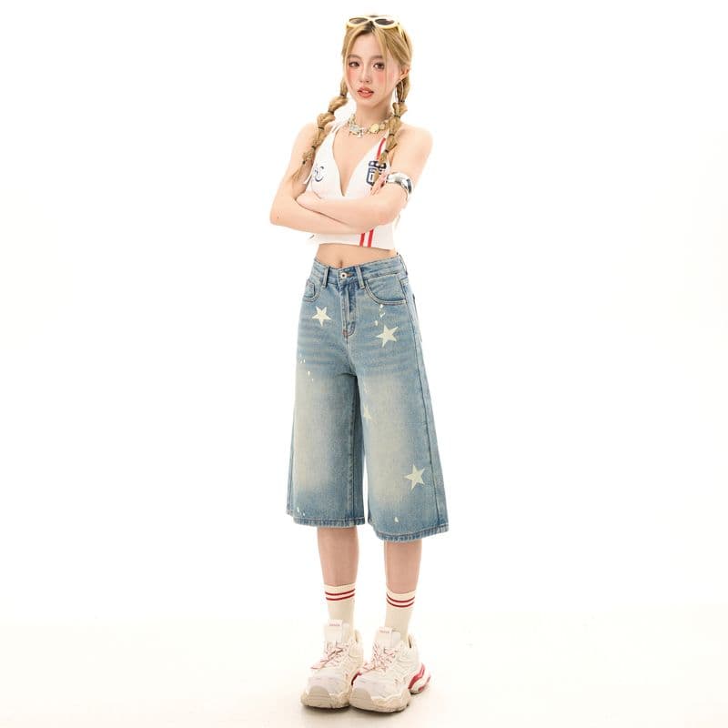 여름 아메리칸 레트로 별 프린트 7 점 청바지 이미지 3