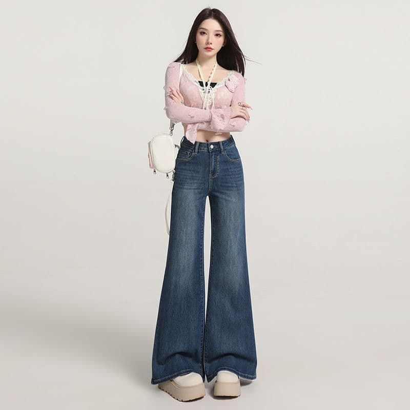 화이트 부츠컷 청바지 여성 2026 새로운 다용도 슬림해 보이는 아니요 막대기 다리 나팔 바지 이미지 5