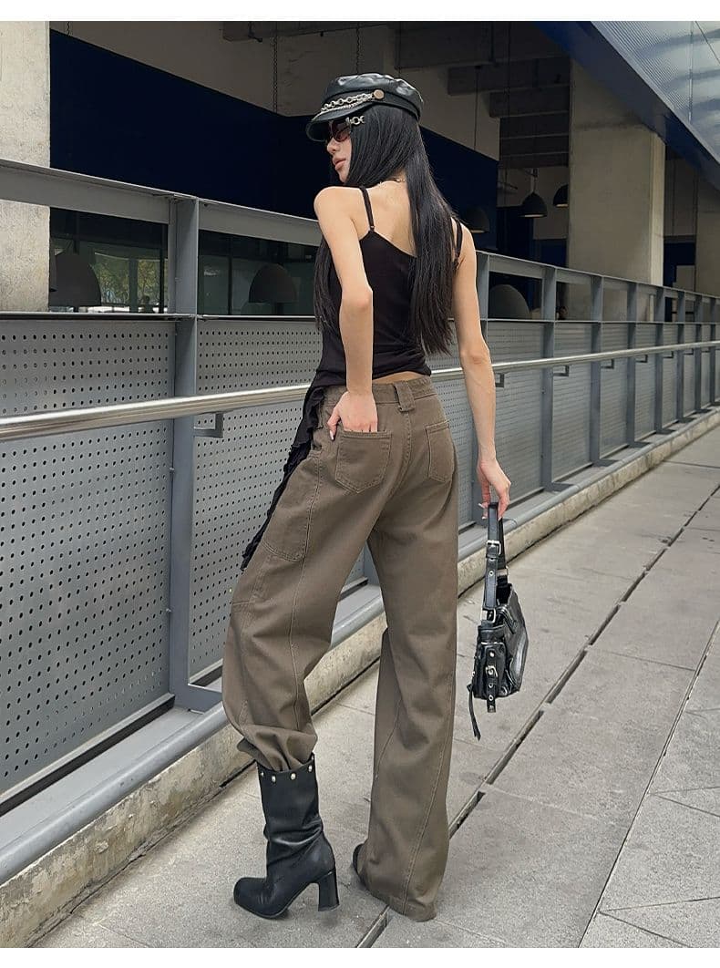 아메리칸 커피 색상 넓은 다리 청바지 여성 봄 여름 새로운 하이웨이스트 루즈핏 슬림해 보이는 다용도 도루 센스 스트레이트 긴 바지 상세 이미지 7