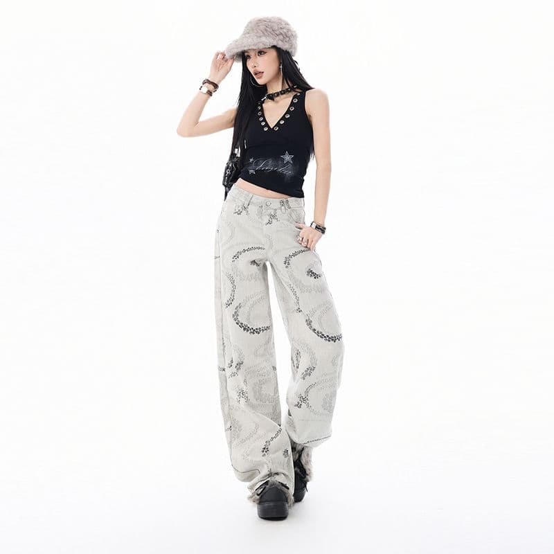 아메리칸 작은 대중 디자인 섹션 자카드 공예 포함 라이 경기 서울 도루 센스 넓은 다리 스트레이트 캐주얼 데님 바닥 청소 바지 이미지 6