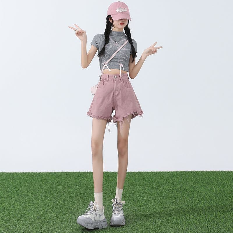 핑크색 아메리칸 데님 반바지 여성 여름 2026 새로운 하이웨이스트 디자인 센스 한 마디 다리 뜨거운 바지 ins 트렌디 이미지 5