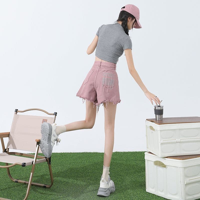 핑크색 아메리칸 데님 반바지 여성 여름 2026 새로운 하이웨이스트 디자인 센스 한 마디 다리 뜨거운 바지 ins 트렌디 이미지 4