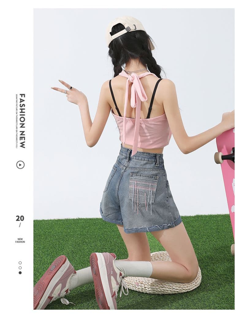 핑크색 아메리칸 데님 반바지 여성 여름 2026 새로운 하이웨이스트 디자인 센스 한 마디 다리 뜨거운 바지 ins 트렌디 상세 이미지 13