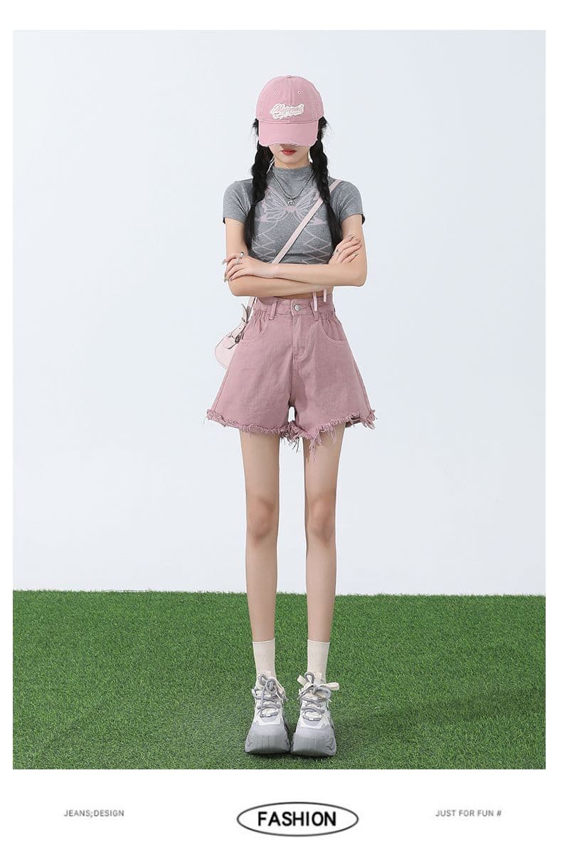 핑크색 아메리칸 데님 반바지 여성 여름 2026 새로운 하이웨이스트 디자인 센스 한 마디 다리 뜨거운 바지 ins 트렌디 상세 이미지 17