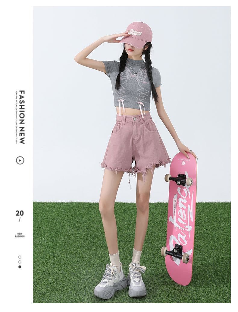 핑크색 아메리칸 데님 반바지 여성 여름 2026 새로운 하이웨이스트 디자인 센스 한 마디 다리 뜨거운 바지 ins 트렌디 상세 이미지 20