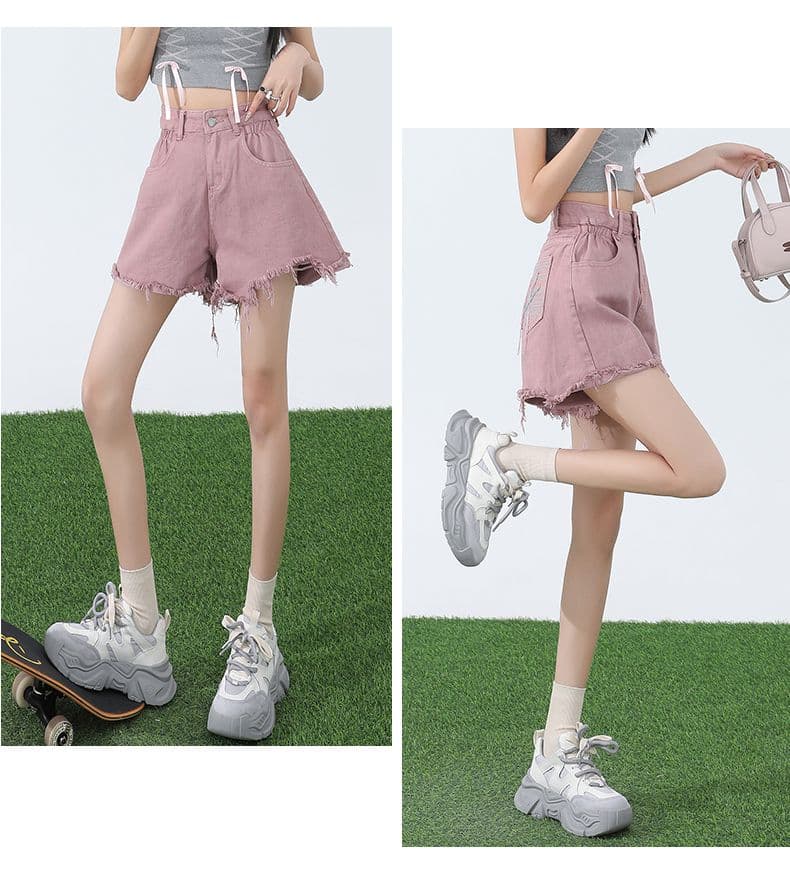 핑크색 아메리칸 데님 반바지 여성 여름 2026 새로운 하이웨이스트 디자인 센스 한 마디 다리 뜨거운 바지 ins 트렌디 상세 이미지 21