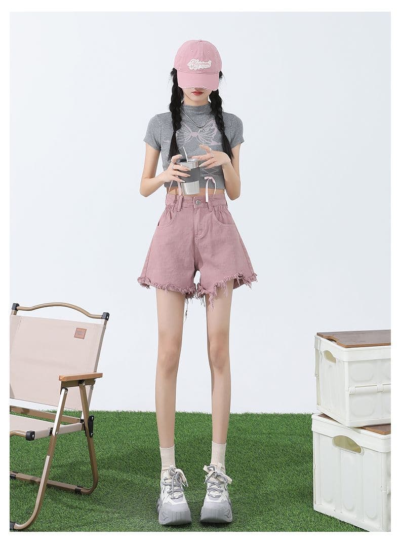 핑크색 아메리칸 데님 반바지 여성 여름 2026 새로운 하이웨이스트 디자인 센스 한 마디 다리 뜨거운 바지 ins 트렌디 상세 이미지 22