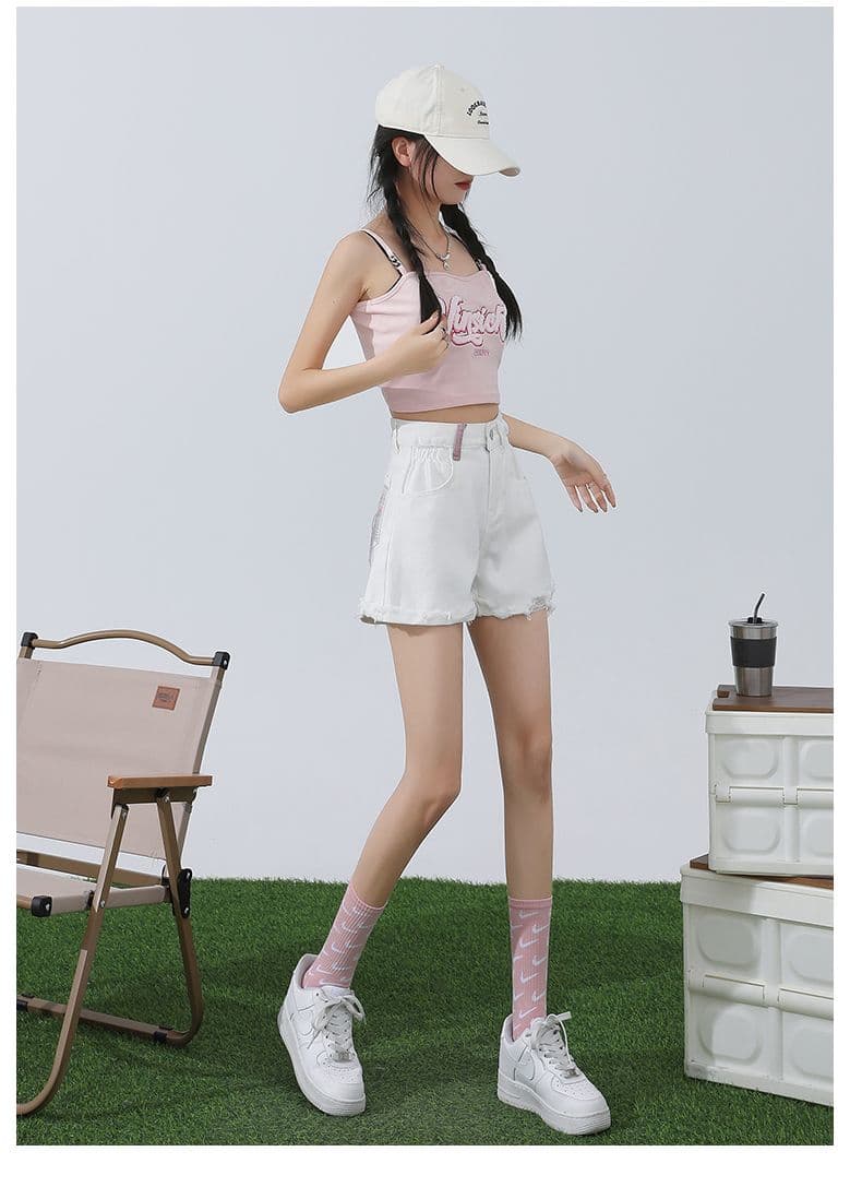 핑크색 아메리칸 데님 반바지 여성 여름 2026 새로운 하이웨이스트 디자인 센스 한 마디 다리 뜨거운 바지 ins 트렌디 상세 이미지 26