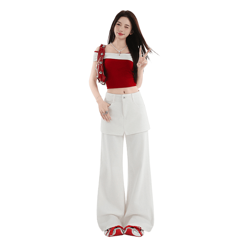 한국 스타일 루즈핏 느긋한 바람 페이크 레이어드 랩스커트팬츠 와이드 레그 팬츠 여성 봄 여름 하이웨이스트 슬림해 보이는 다용도 캐주얼 롱 바지 이미지 6