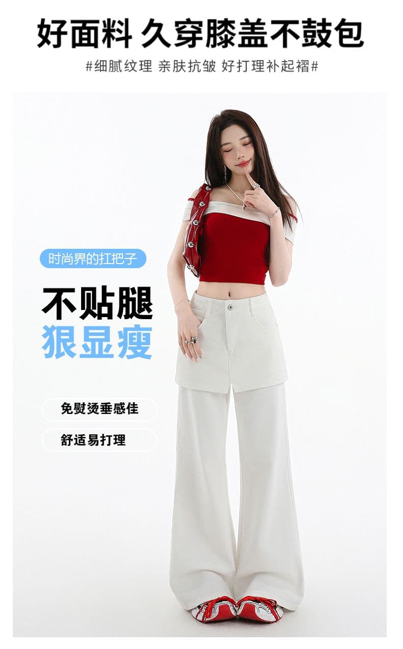 한국 스타일 루즈핏 느긋한 바람 페이크 레이어드 랩스커트팬츠 와이드 레그 팬츠 여성 봄 여름 하이웨이스트 슬림해 보이는 다용도 캐주얼 롱 바지 상세 이미지 5