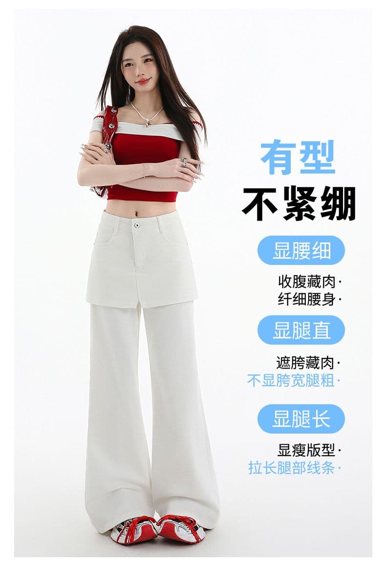 한국 스타일 루즈핏 느긋한 바람 페이크 레이어드 랩스커트팬츠 와이드 레그 팬츠 여성 봄 여름 하이웨이스트 슬림해 보이는 다용도 캐주얼 롱 바지 상세 이미지 6