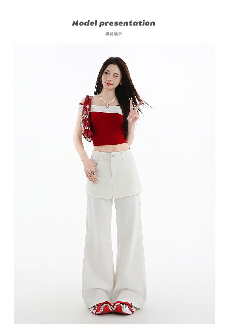 한국 스타일 루즈핏 느긋한 바람 페이크 레이어드 랩스커트팬츠 와이드 레그 팬츠 여성 봄 여름 하이웨이스트 슬림해 보이는 다용도 캐주얼 롱 바지 상세 이미지 13