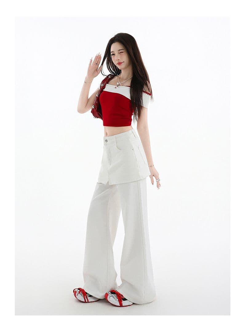 한국 스타일 루즈핏 느긋한 바람 페이크 레이어드 랩스커트팬츠 와이드 레그 팬츠 여성 봄 여름 하이웨이스트 슬림해 보이는 다용도 캐주얼 롱 바지 상세 이미지 15