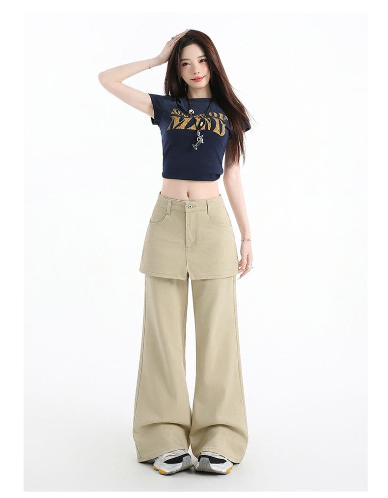 한국 스타일 루즈핏 느긋한 바람 페이크 레이어드 랩스커트팬츠 와이드 레그 팬츠 여성 봄 여름 하이웨이스트 슬림해 보이는 다용도 캐주얼 롱 바지 상세 이미지 21