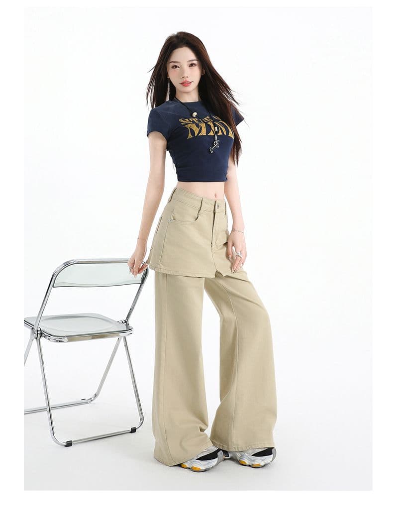 한국 스타일 루즈핏 느긋한 바람 페이크 레이어드 랩스커트팬츠 와이드 레그 팬츠 여성 봄 여름 하이웨이스트 슬림해 보이는 다용도 캐주얼 롱 바지 상세 이미지 27
