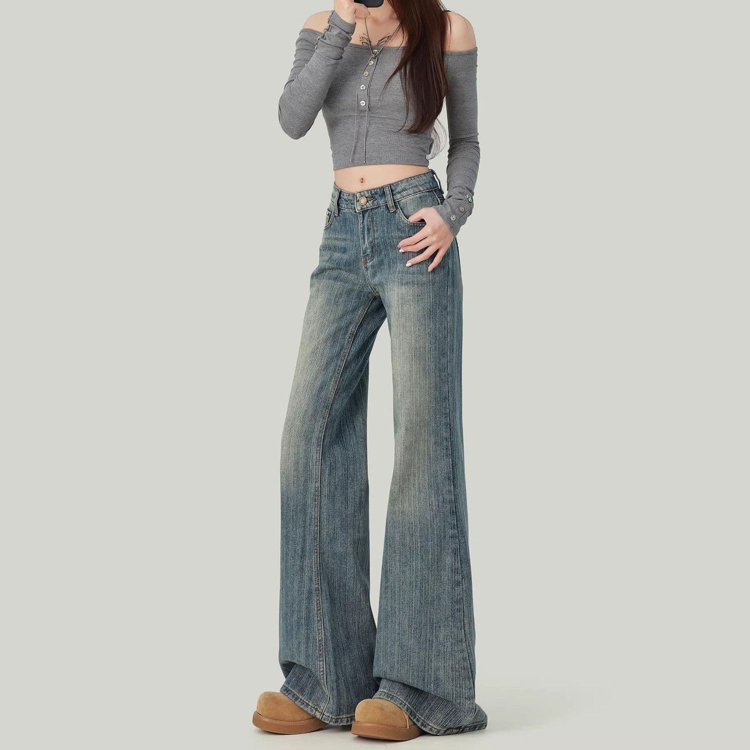 아메리칸 레트로 마 오래된 대나무 마디 곡물 부츠컷 청바지 여성 봄 여름 새로운 루즈핏 느긋한 바람 도루 센스 바닥 청소 바지 이미지 5