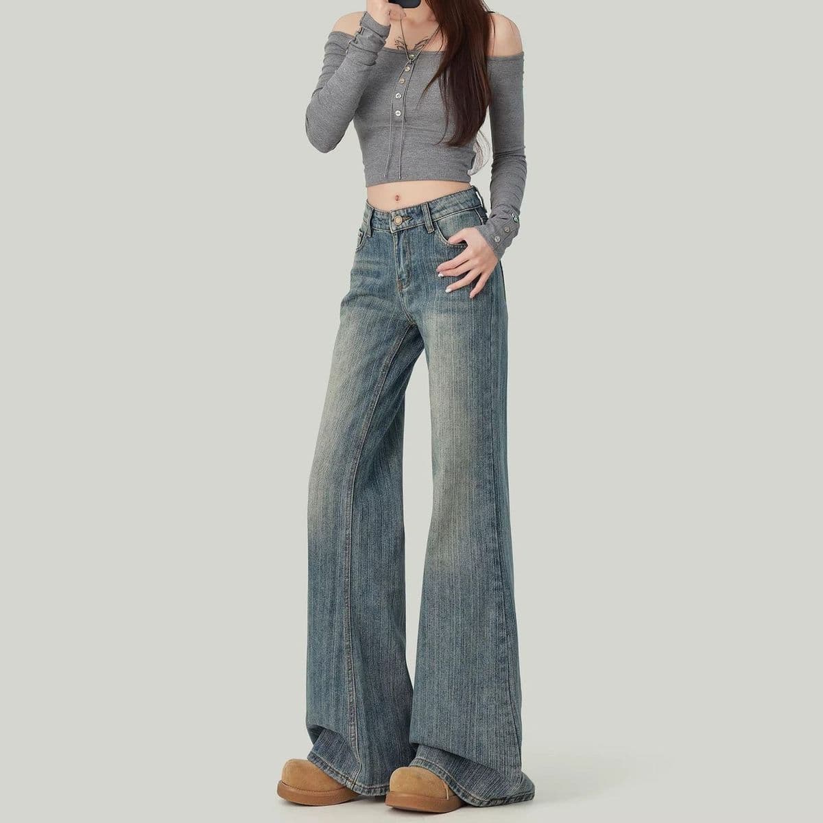 아메리칸 레트로 마 오래된 대나무 마디 곡물 부츠컷 청바지 여성 봄 여름 새로운 루즈핏 느긋한 바람 도루 센스 바닥 청소 바지 상세 이미지 7
