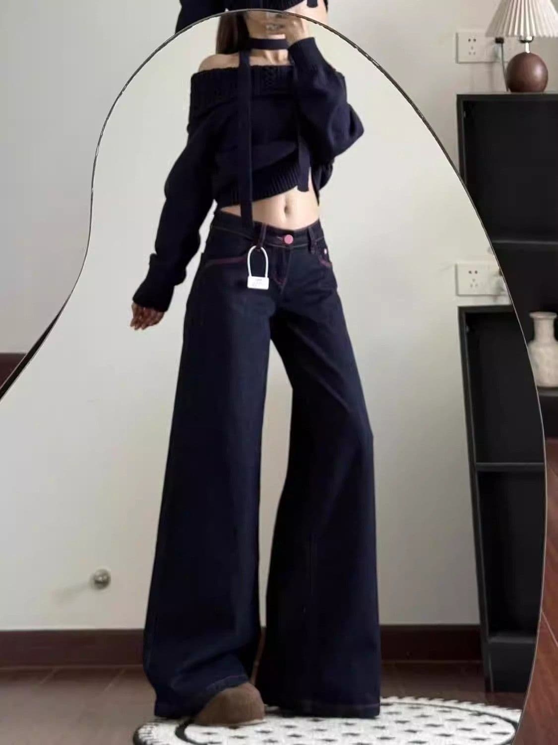 아메리칸 느긋한 바람 단색 청바지 여성 2026 봄 여름 루즈핏 스트레이트 슬림해 보이는 원본 암소 색상 도루 센스 바닥 청소 바지 상세 이미지 8