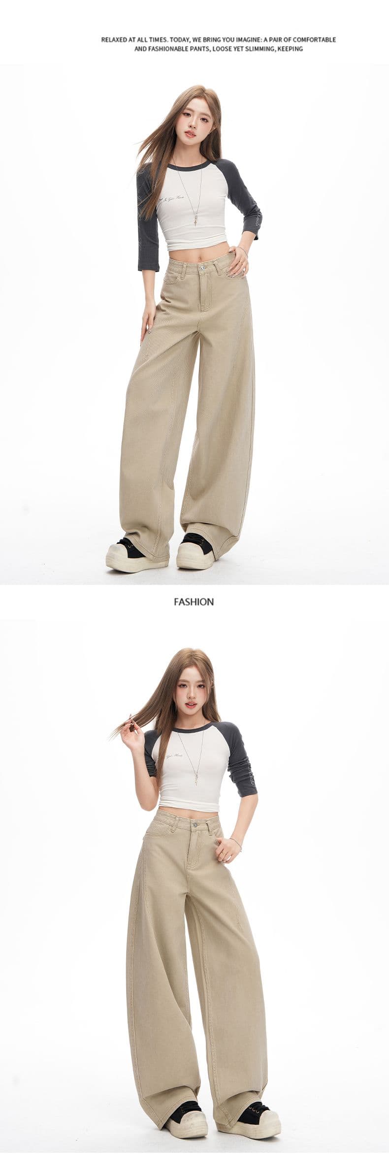 아메리칸 카키 색 넓은 다리 모통이 칼 바지 여성 봄 새로운 루즈핏 슬림해 보이는 바닥 청소 바지 상세 이미지 8