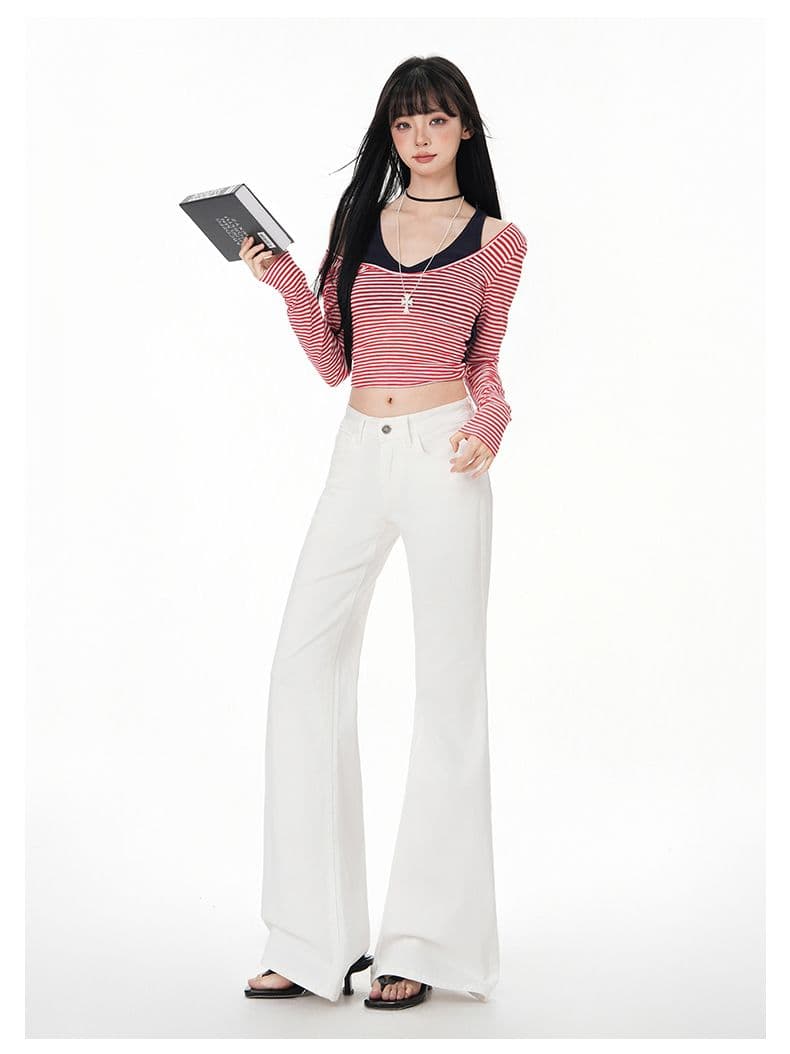 아메리칸 화이트 부츠컷 청바지 여성 로우 웨이스트 새로운 루즈핏 아니요 막대기 다리 넓은 다리 바닥 청소 나팔 바지 상세 이미지 9
