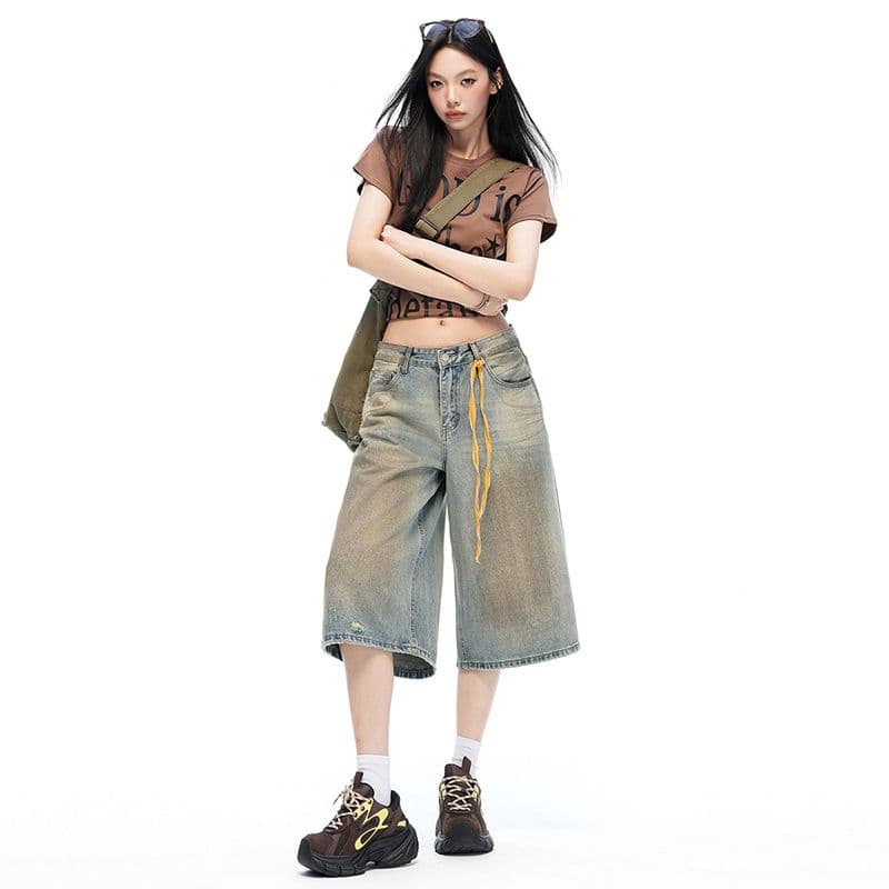 무거운 작업 아메리칸 더러운 워시 데님 바지 여성 봄 루즈핏 스트레이트 문지르다 색상 캐주얼 반바지 7부 바지 이미지 4