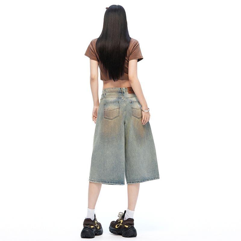 무거운 작업 아메리칸 더러운 워시 데님 바지 여성 봄 루즈핏 스트레이트 문지르다 색상 캐주얼 반바지 7부 바지 이미지 3