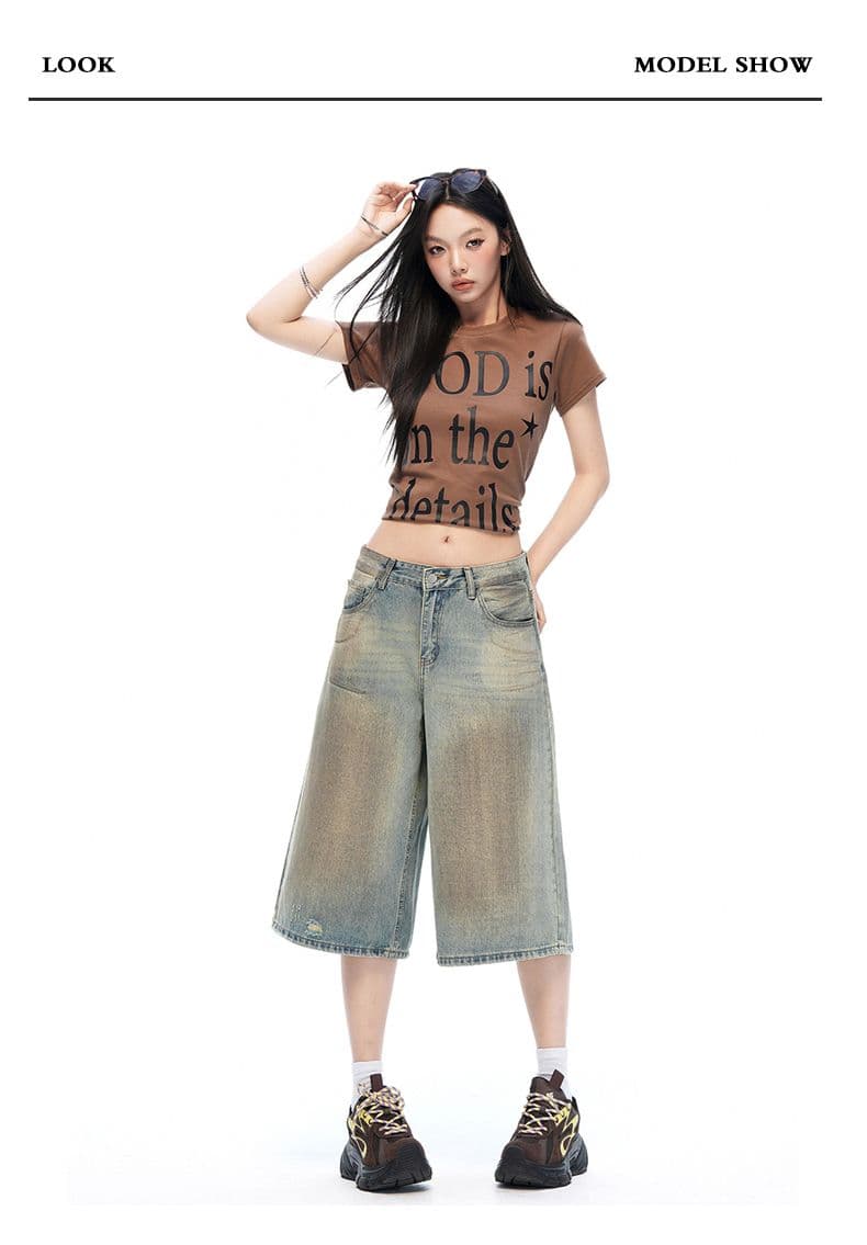 무거운 작업 아메리칸 더러운 워시 데님 바지 여성 봄 루즈핏 스트레이트 문지르다 색상 캐주얼 반바지 7부 바지 상세 이미지 6
