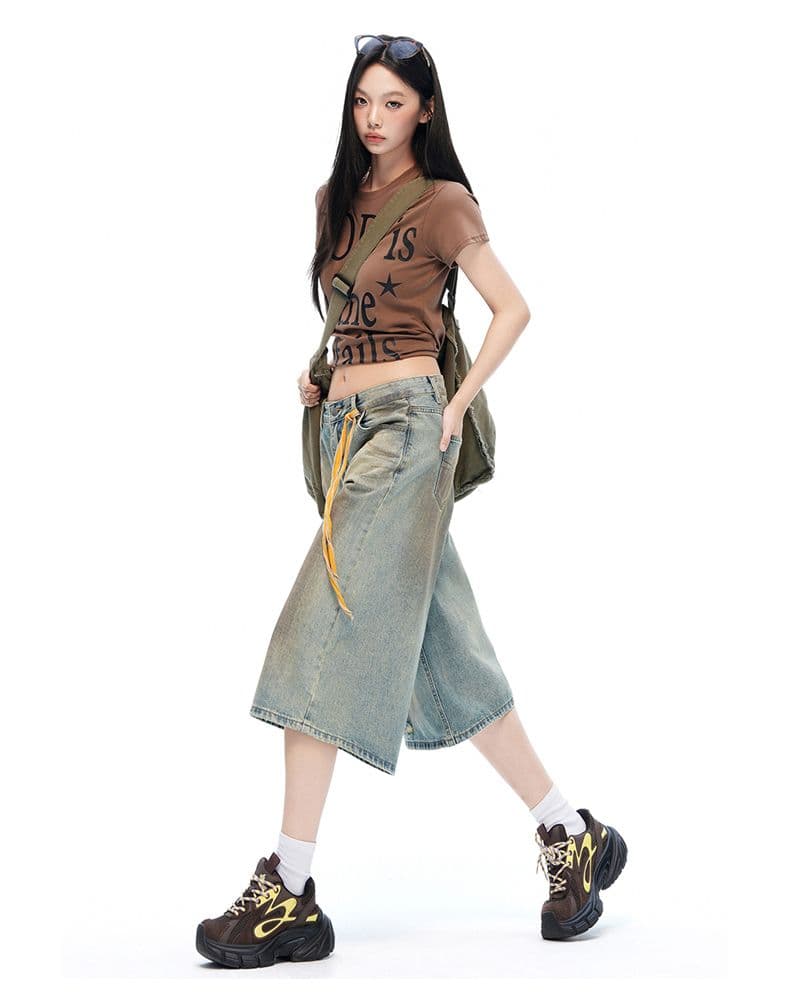 무거운 작업 아메리칸 더러운 워시 데님 바지 여성 봄 루즈핏 스트레이트 문지르다 색상 캐주얼 반바지 7부 바지 상세 이미지 9