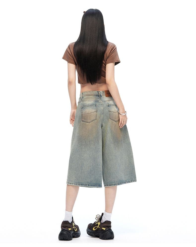 무거운 작업 아메리칸 더러운 워시 데님 바지 여성 봄 루즈핏 스트레이트 문지르다 색상 캐주얼 반바지 7부 바지 상세 이미지 13