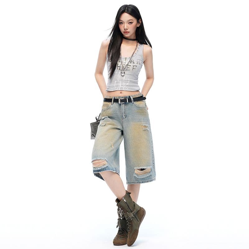 아메리칸 여름 새로운 찢어진 부분 진흙 염색 루즈핏 스트레이트 워싱 데님 바지 7부 바지 이미지 4
