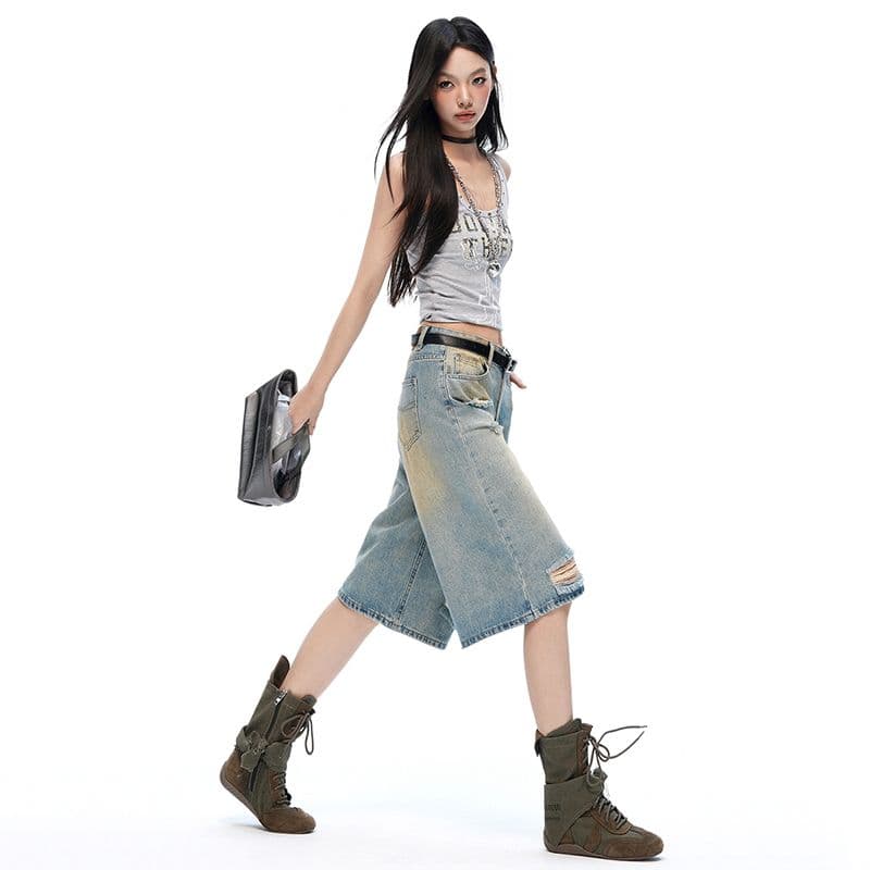 아메리칸 여름 새로운 찢어진 부분 진흙 염색 루즈핏 스트레이트 워싱 데님 바지 7부 바지 이미지 3