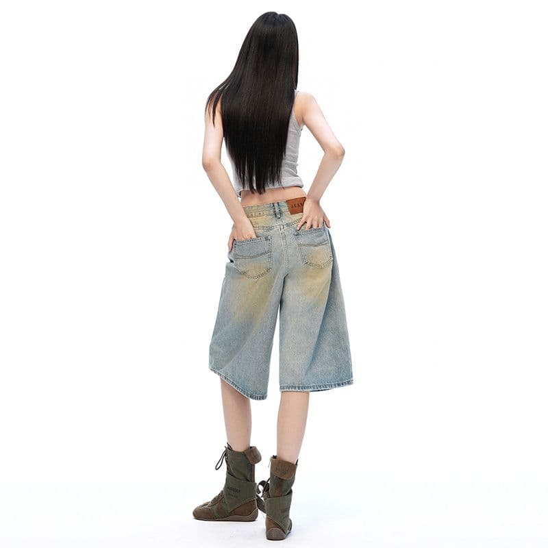 아메리칸 여름 새로운 찢어진 부분 진흙 염색 루즈핏 스트레이트 워싱 데님 바지 7부 바지 이미지 5