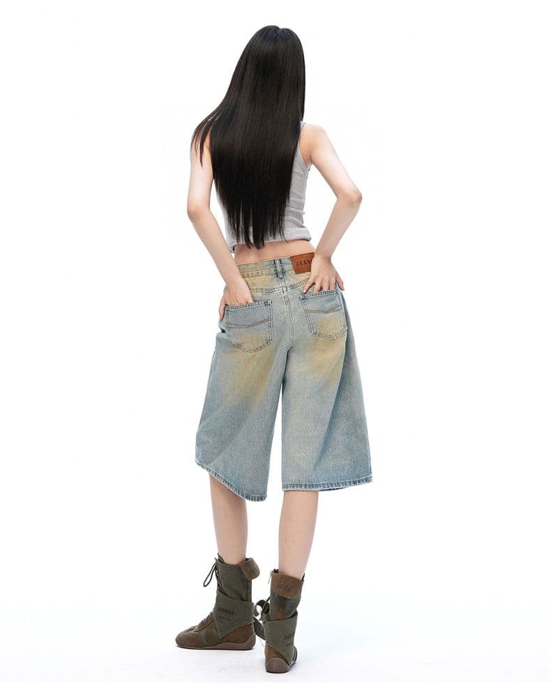 아메리칸 여름 새로운 찢어진 부분 진흙 염색 루즈핏 스트레이트 워싱 데님 바지 7부 바지 상세 이미지 13