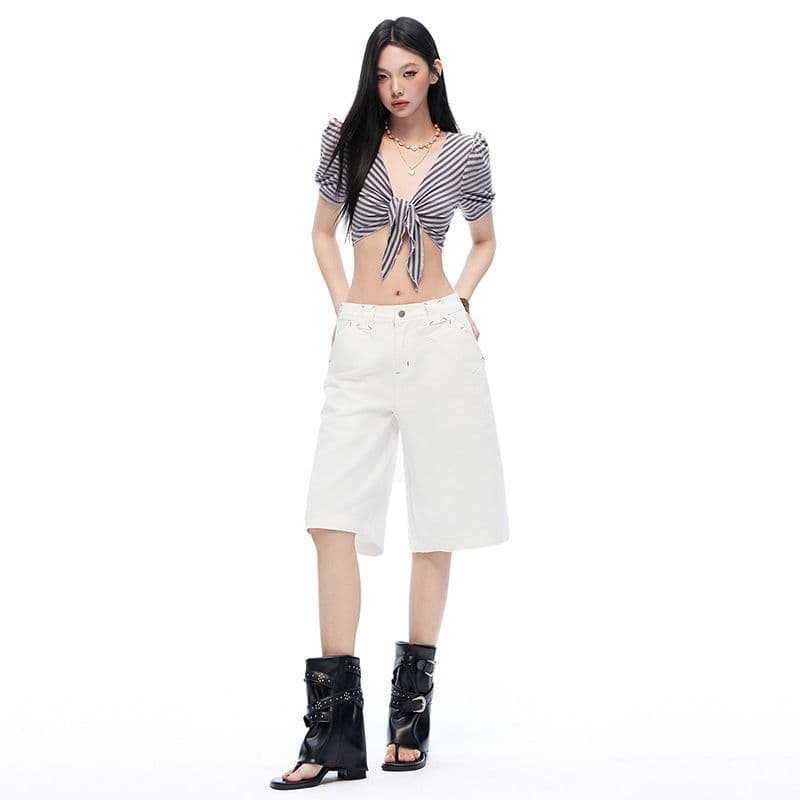 편안함 아메리칸 여름 부드러운 얇은 자수 세부 사항 데님 바지 캐주얼 무릎 아래 바지 아이들 여름 이미지 2
