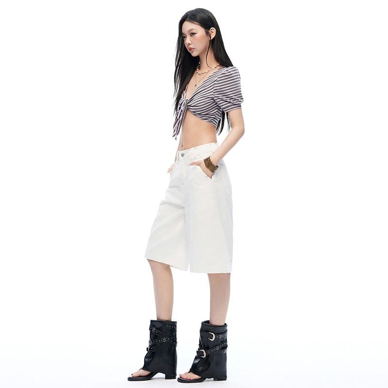 편안함 아메리칸 여름 부드러운 얇은 자수 세부 사항 데님 바지 캐주얼 무릎 아래 바지 아이들 여름 이미지 3