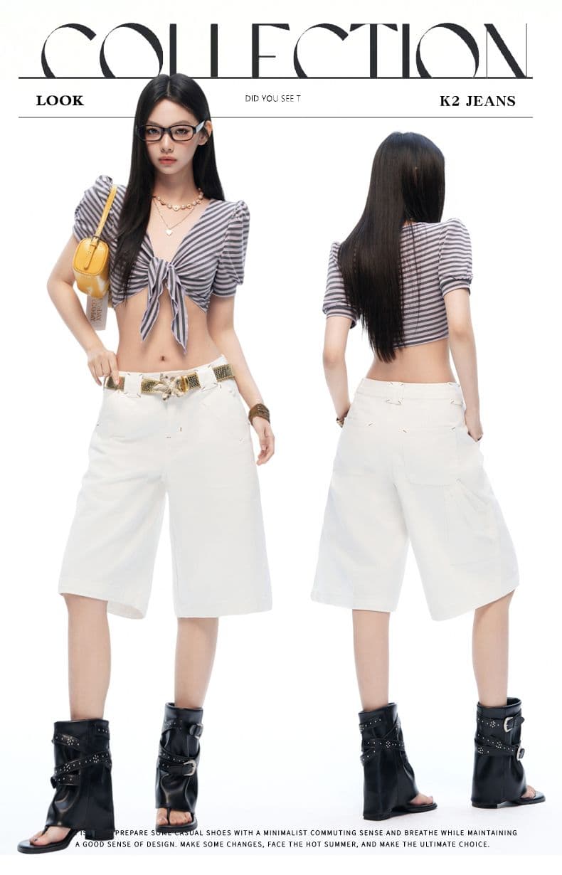 편안함 아메리칸 여름 부드러운 얇은 자수 세부 사항 데님 바지 캐주얼 무릎 아래 바지 아이들 여름 상세 이미지 1