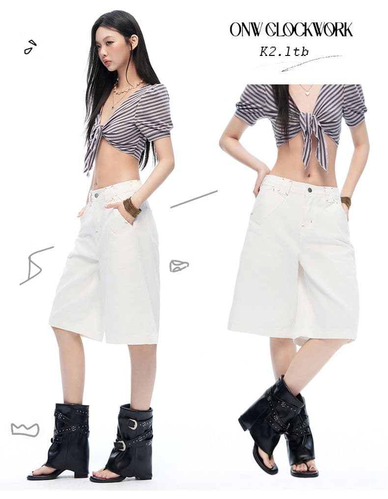 편안함 아메리칸 여름 부드러운 얇은 자수 세부 사항 데님 바지 캐주얼 무릎 아래 바지 아이들 여름 상세 이미지 2