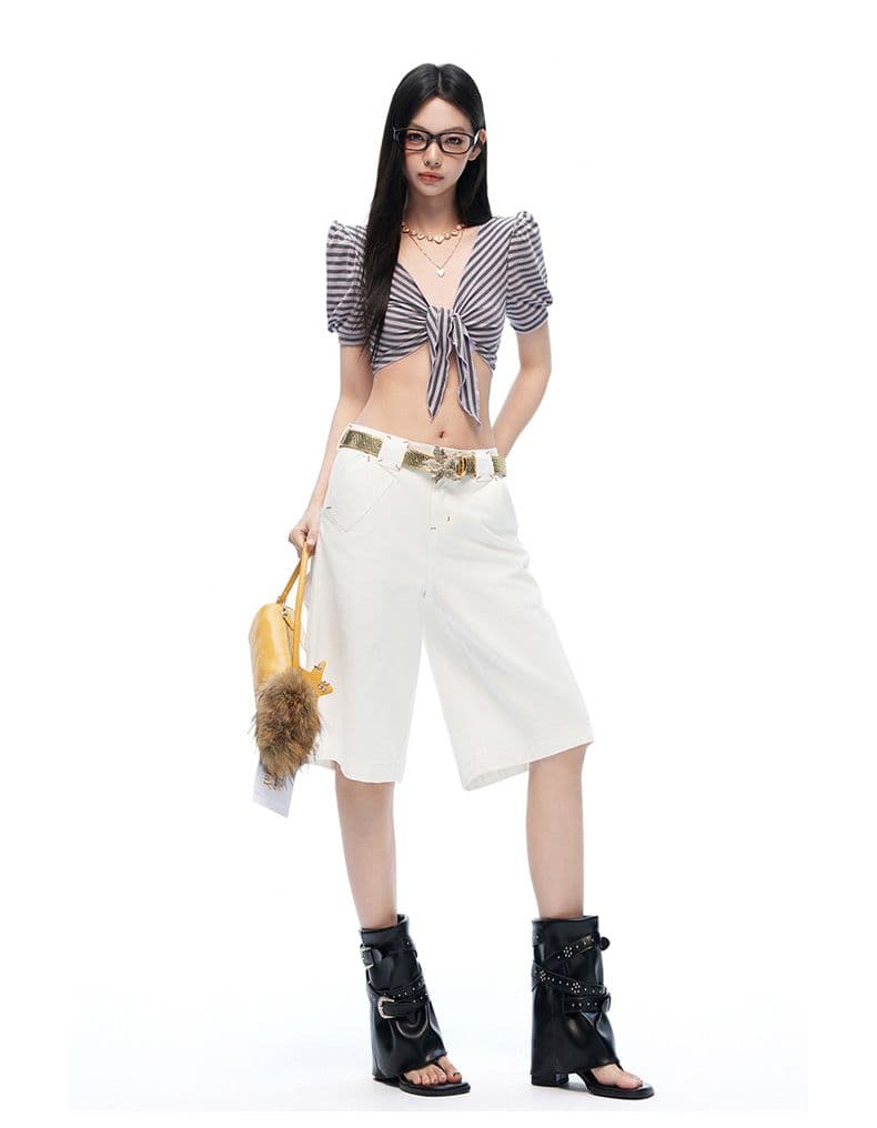 편안함 아메리칸 여름 부드러운 얇은 자수 세부 사항 데님 바지 캐주얼 무릎 아래 바지 아이들 여름 상세 이미지 7